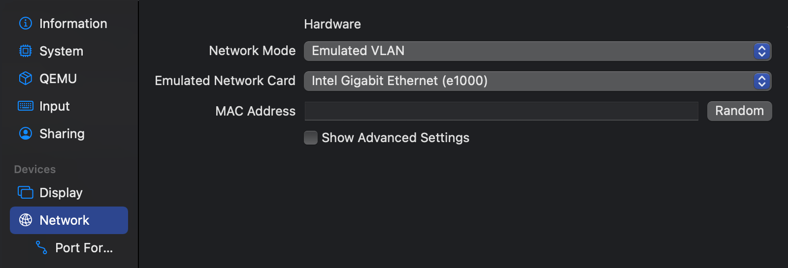 The Network tab is selected in the sidebar of the UTM settings page, with the Network Mode set to Emulated VLAN.