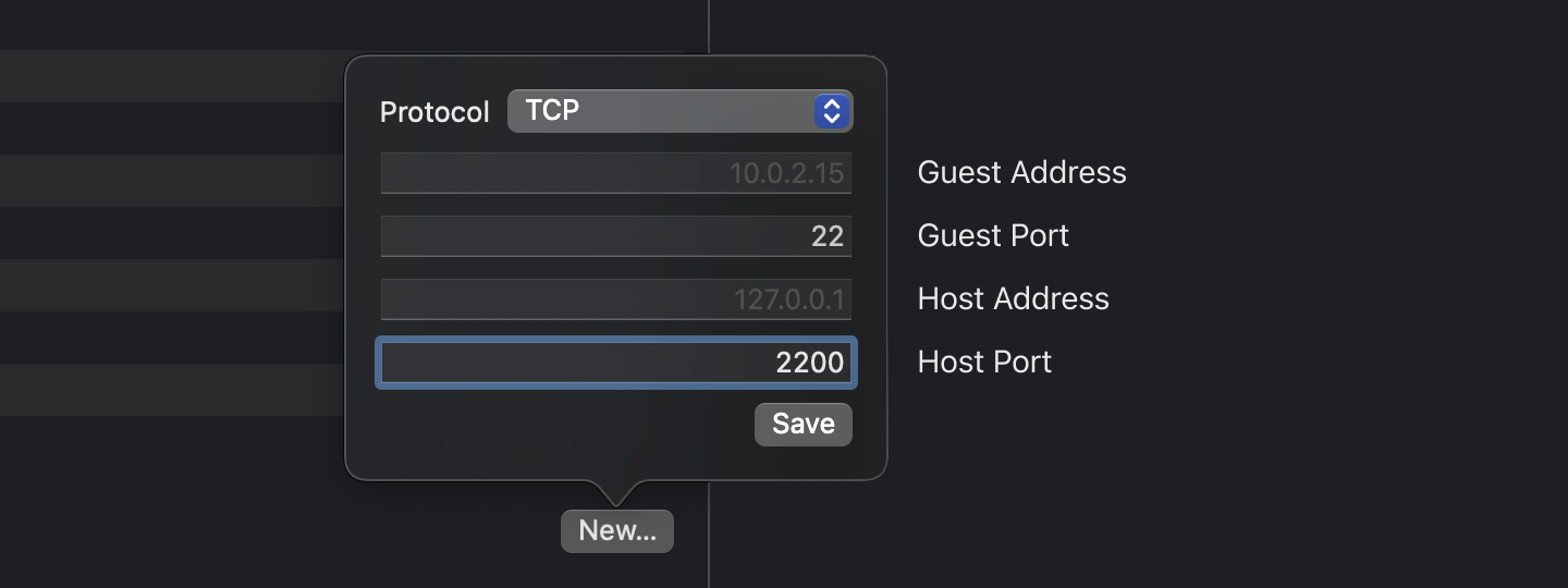 A pop-up box appears after clicking on the New button. There are four text fields - Guest Address (left empty), Guest Port (set to 22), Host Address (left empty) and Host Port (set to 2200).